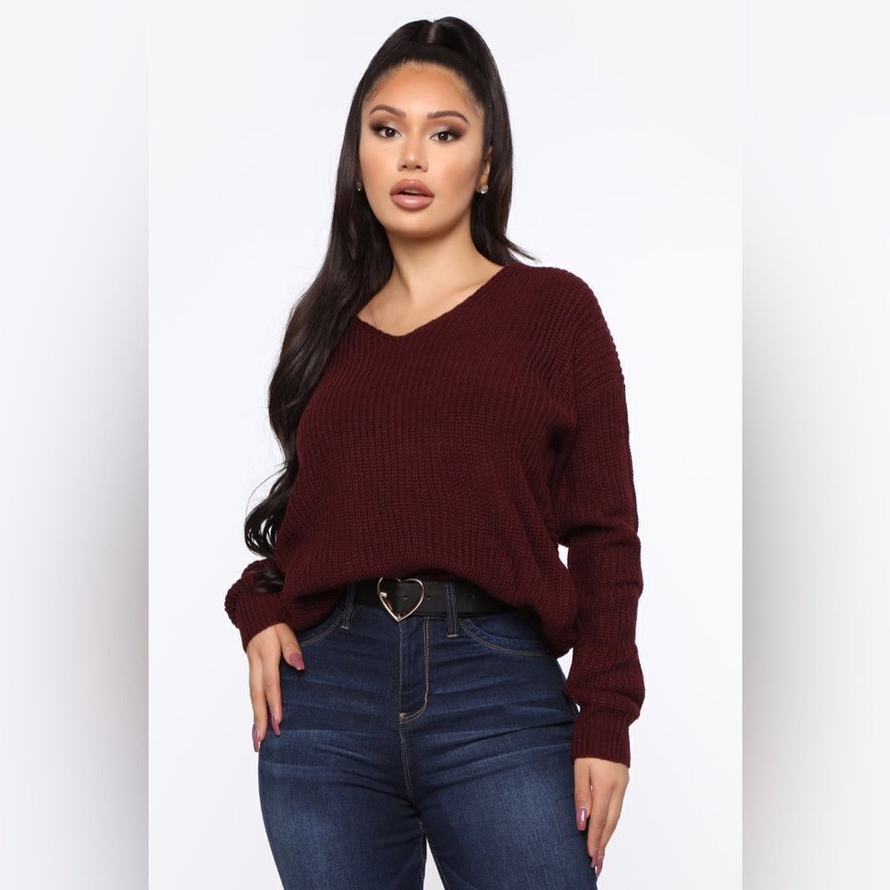 Fashion Nova Burgundy V-Neck Sweater